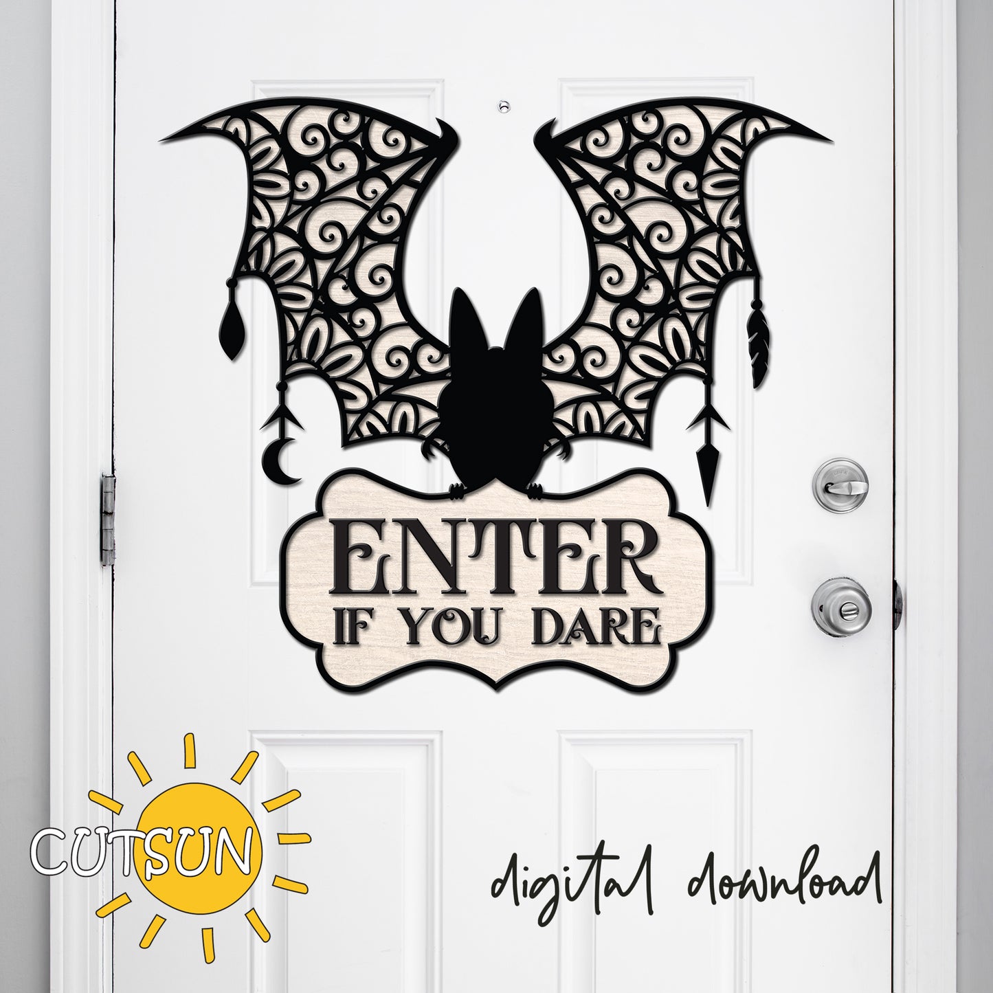 Ornate Bat Halloween Door hanger SVG laser cut file