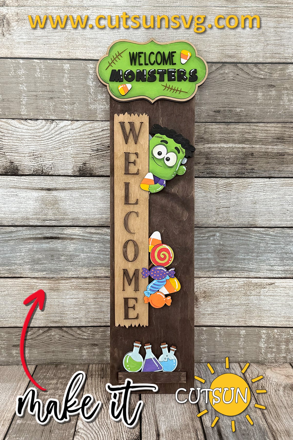 Frankenstein Halloween Porch Sign SVG | Welcome Monsters Vertical Leaner Add-On | Laser Cut Digital File