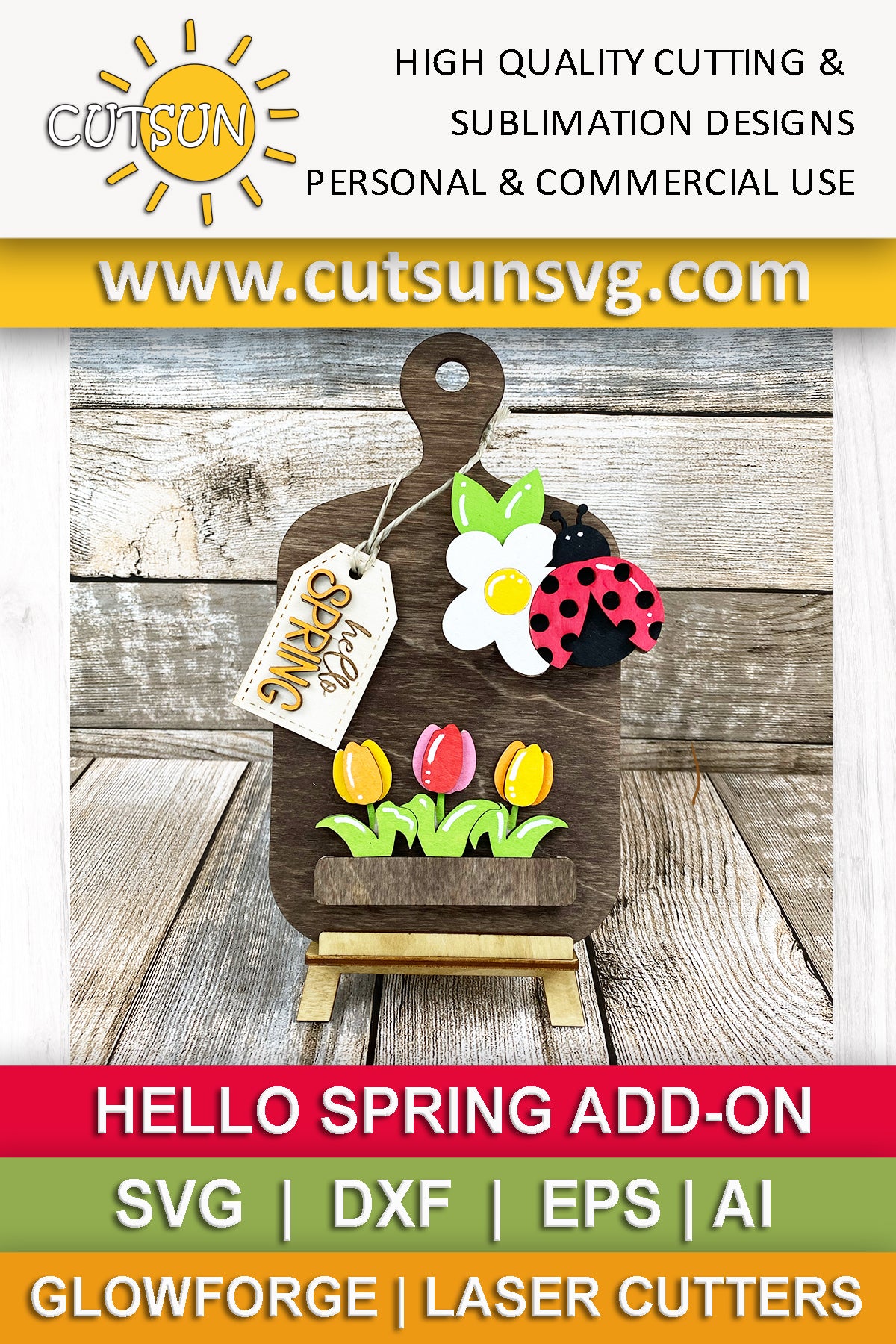Hello Spring Interchangeable Cutting Board Decor SVG | Ladybug and Tulip Shelf Sitter SVG | Spring Kitchen Decor Laser Cut File