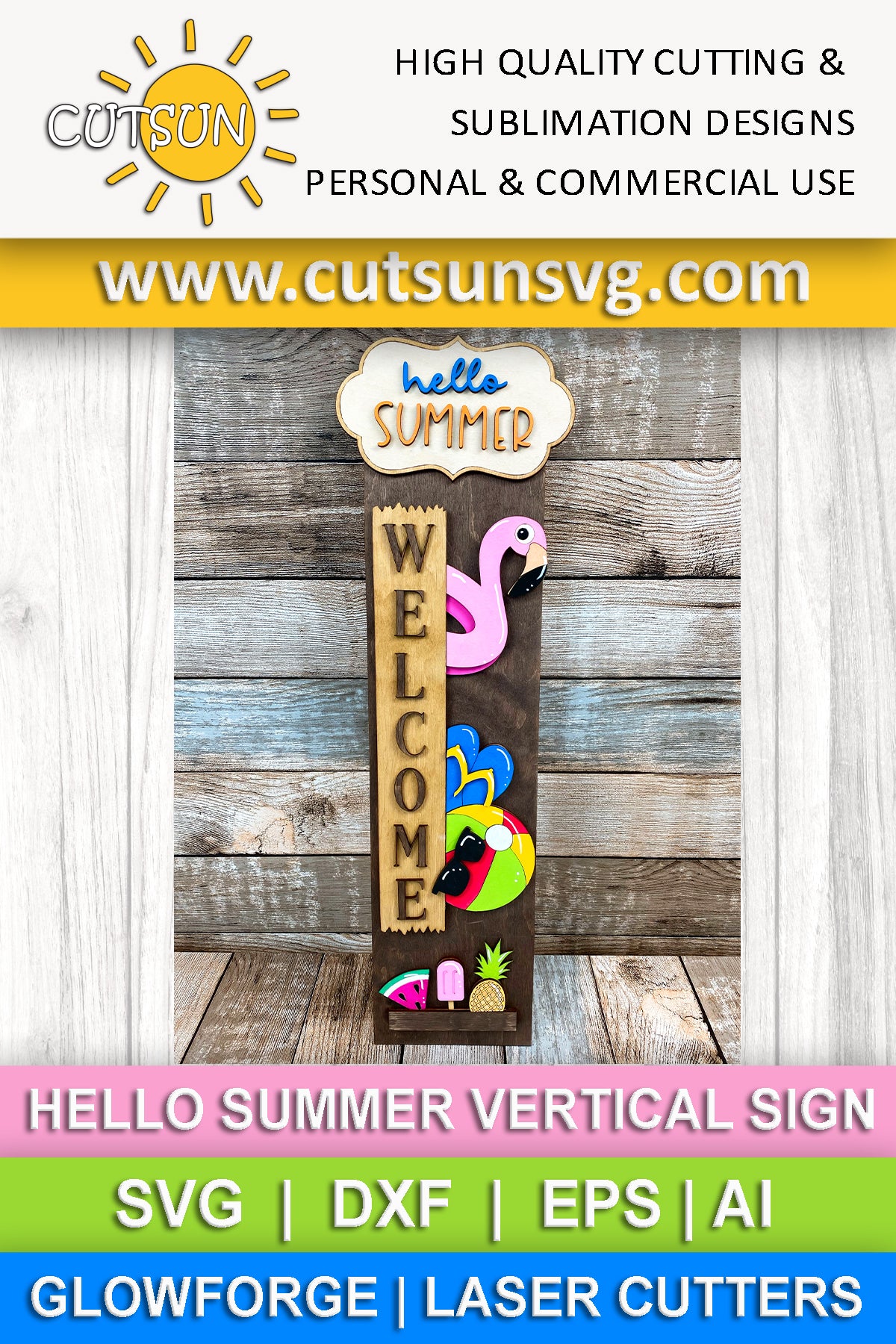 Hello Summer porch sign add-on with a free Interchangeable Porch leaner SVG Beach vertical porch sign SVG Pool decor Laser cut file