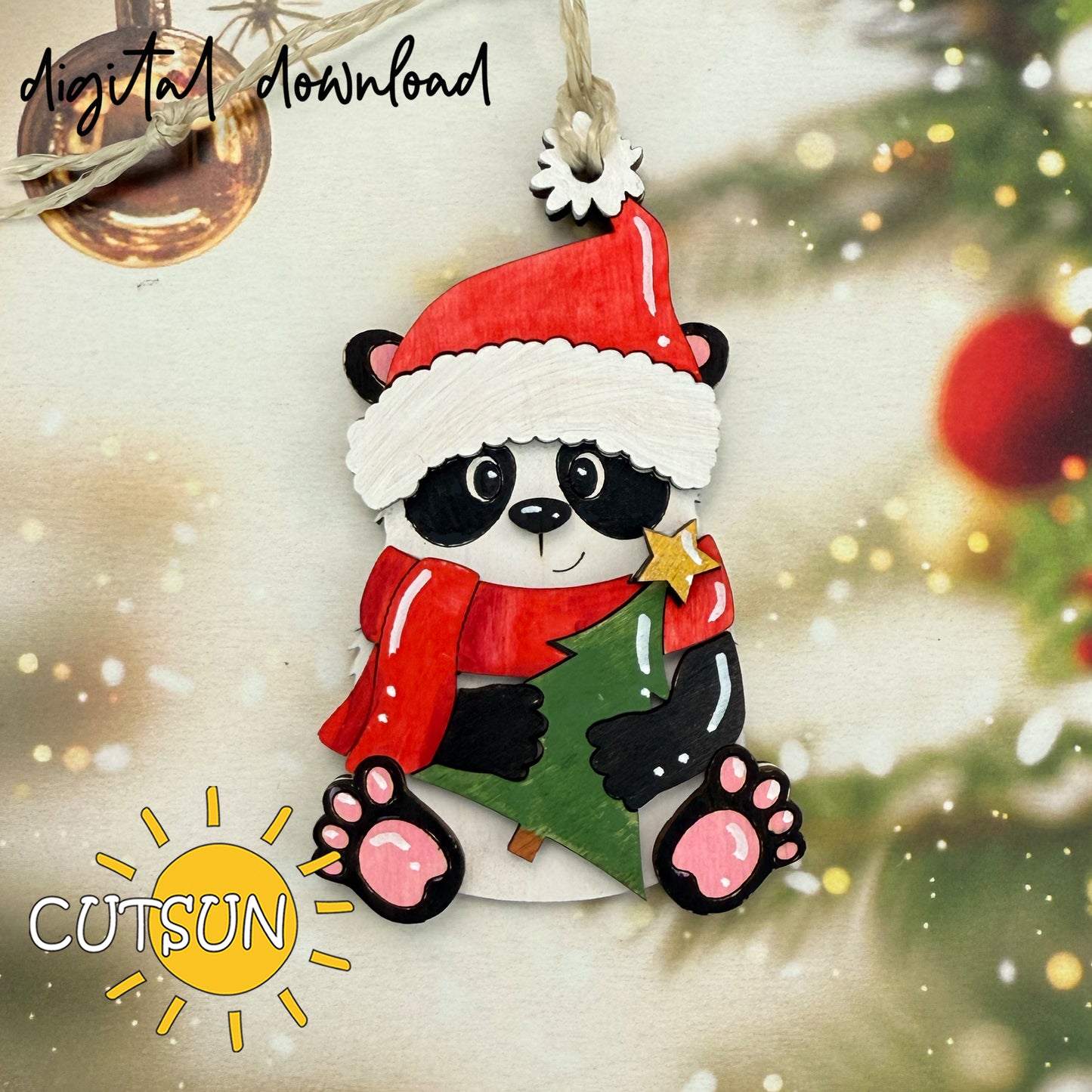 Christmas Panda Ornament SVG File | Cute Layered Holiday Laser Cut Design