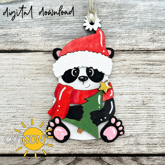 Layered Christmas panda ornament SVG with Santa hat, scarf, and Christmas tree – digital laser cut file for holiday crafting