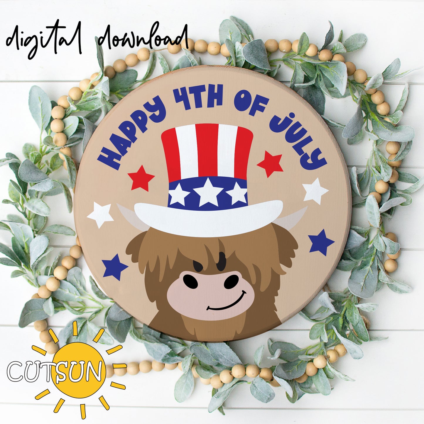 Patriotic Highland Cow svg | 4th of July door sign SVG | Laser cut file , Cricut SVG