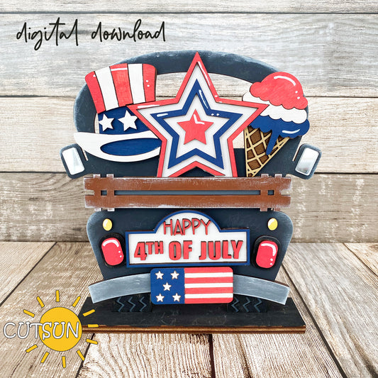A digital rendering of a patriotic-themed truck or wheelbarrow SVG laser cut file, featuring American flag colors and 4th of July elements.