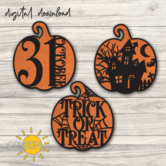 Digital download for three patterned Halloween pumpkins featuring the date 31st of October, a haunted house and the text Trick or Treat surrounded by spider webs.