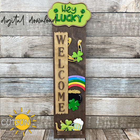 St Patrick’s Day SVG Add-On for Porch Leaner – Hey Lucky Plaque with Shamrocks, Rainbow, Pot of Gold and Beer – Laser Cut File