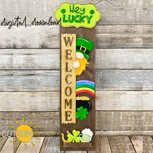 St. Patrick’s Day porch sign SVG with leprechaun, rainbow, shamrocks, and “Hey Lucky” plaque – interchangeable laser cut file with free leaner base.
