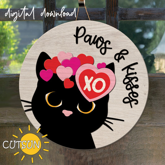 A digital download of a Valentine's Day themed door hanger featuring a black cat with pink and red hearts and the text 'Paws and Kisses'. The image indicates it's a digital file for cutting machines like Glowforge and Cricut.