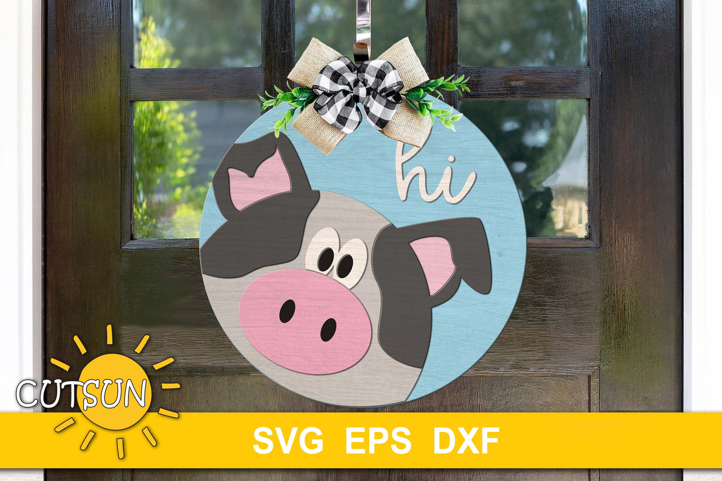 Black and white pig door hanger svg