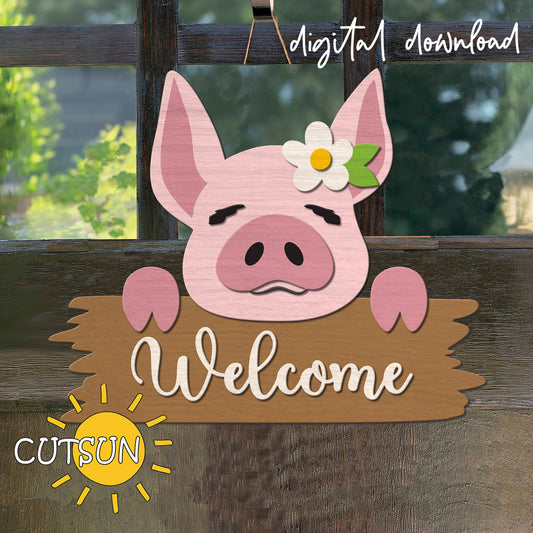 Decorative pig-shaped welcome sign with a flower on a wooden background, featuring the brand 'CUTSUN'.