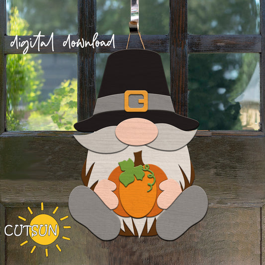 A digital illustration of a pilgrim gnome door hanger with a pumpkin and a 'G' hat, indicating a fall theme.