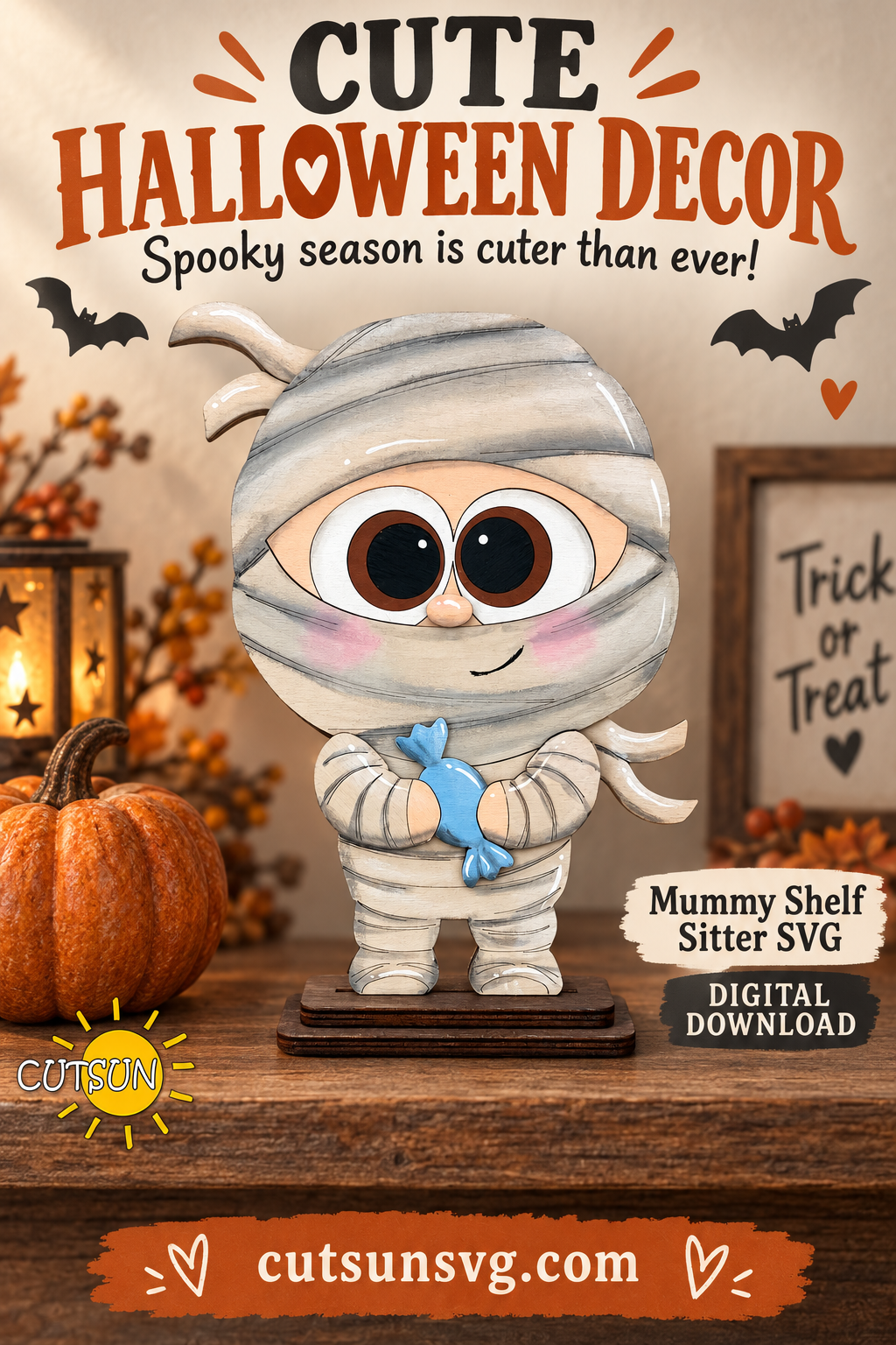 Cute Halloween Mummy Shelf Sitter SVG Laser Cut File – Layered Spooky Shelf Decor Digital Download