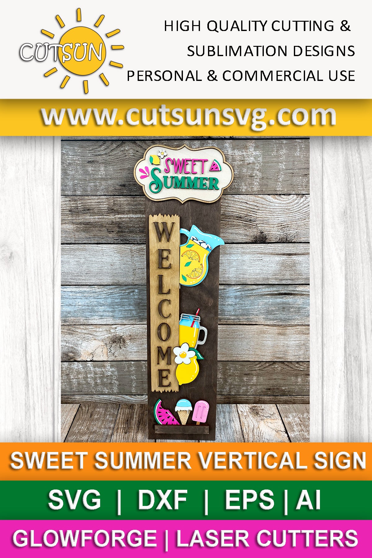Sweet Summer porch sign add-on with a free Interchangeable porch leaner SVG Summer vertical porch sign SVG Summer decor Laser cut file