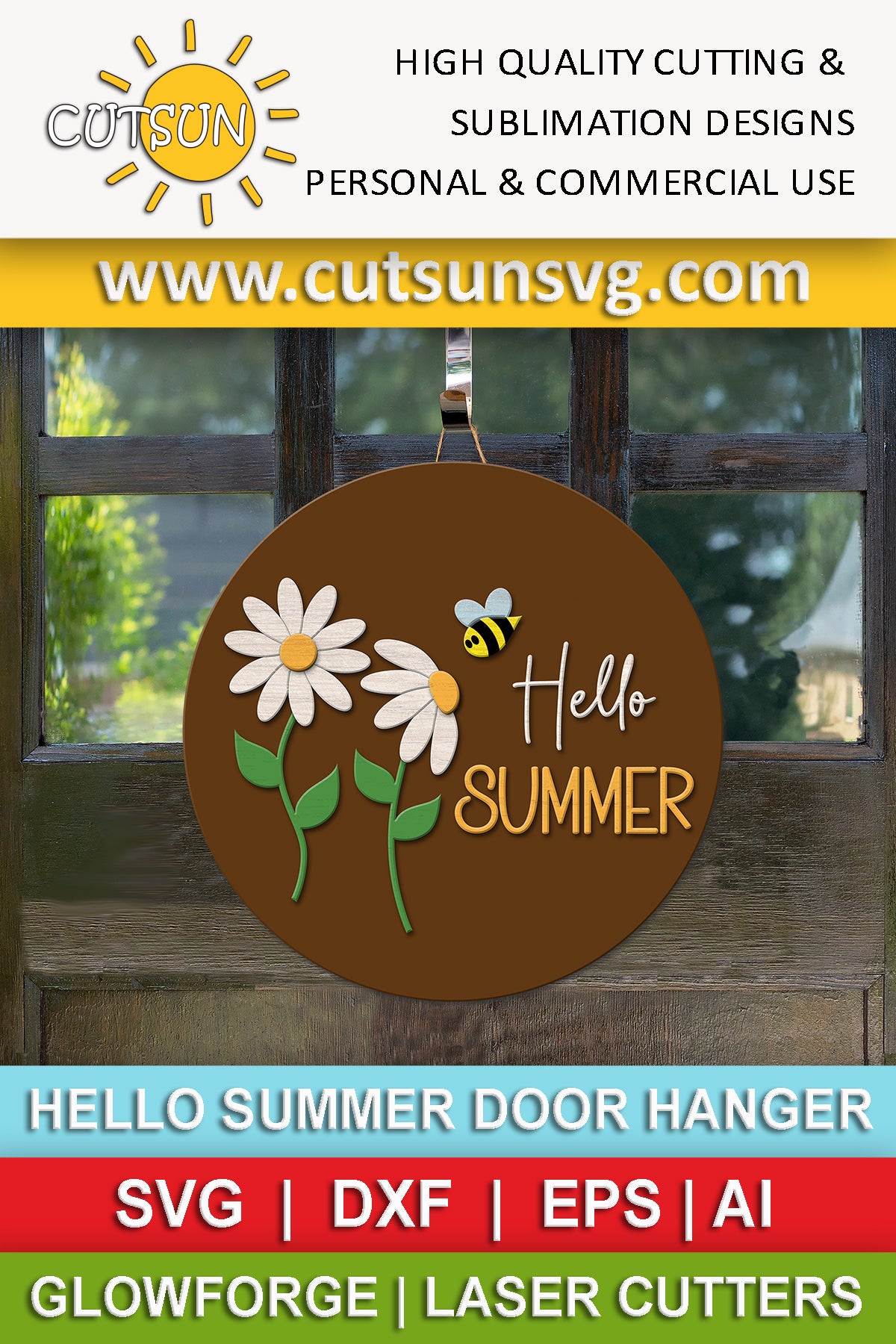 Hello summer door hanger svg Daisies and bee SVG Summer welcome sign Glowforge svg laser cut file