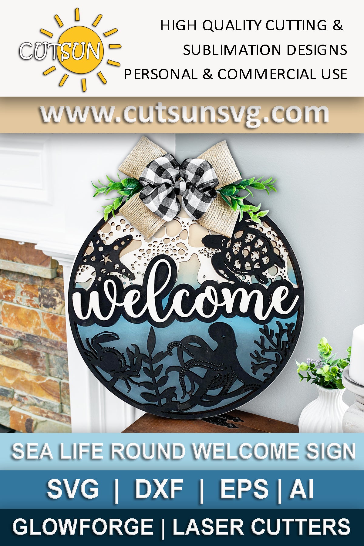 Layered ocean welcome sign SVG with turtle, octopus and coral – laser cut file for Glowforge or xTool