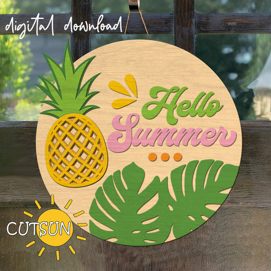 Hello Summer Door Hanger SVG | Pineapple Tropical Welcome Sign SVG | Monstera & Retro Summer Door Decor | Laser Cut File for Glowforge