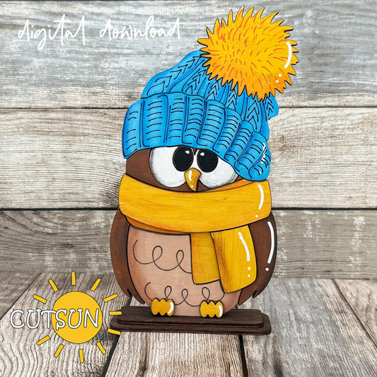 Layered Pom Pom Owl Shelf Sitter SVG with beanie and pom-poms, winter laser cut file