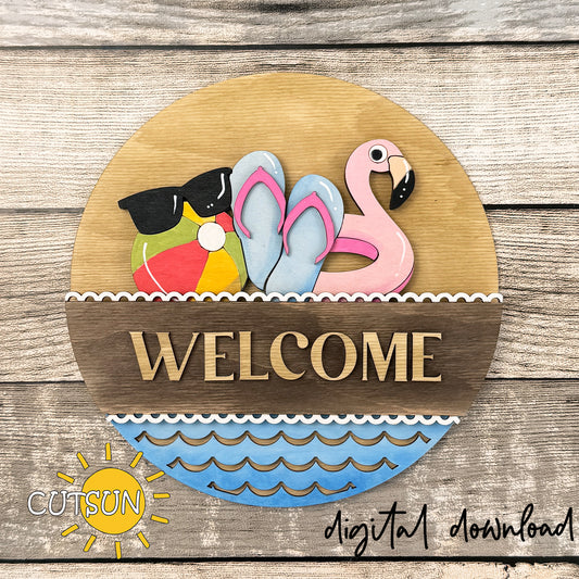 Summer Beach Add-On for Interchangeable Round Sign SVG – Flamingo, Flip Flops & Beach Ball Door Hanger Insert Laser Cut File