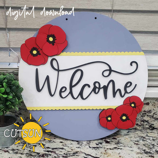 Round laser-cut welcome sign with red poppies and script text – digital SVG file for floral door hanger