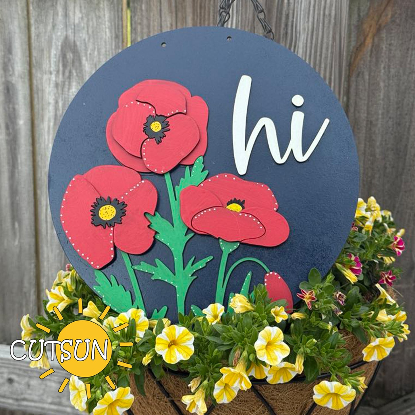 Poppy Door Sign SVG File – Layered Floral “Hi” Round Sign for Laser Cutting