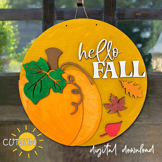 Fall Door Hanger SVG for laser cutters and Cricut — a cozy pumpkin front door sign design perfect for creating warm and inviting autumn porch decor.