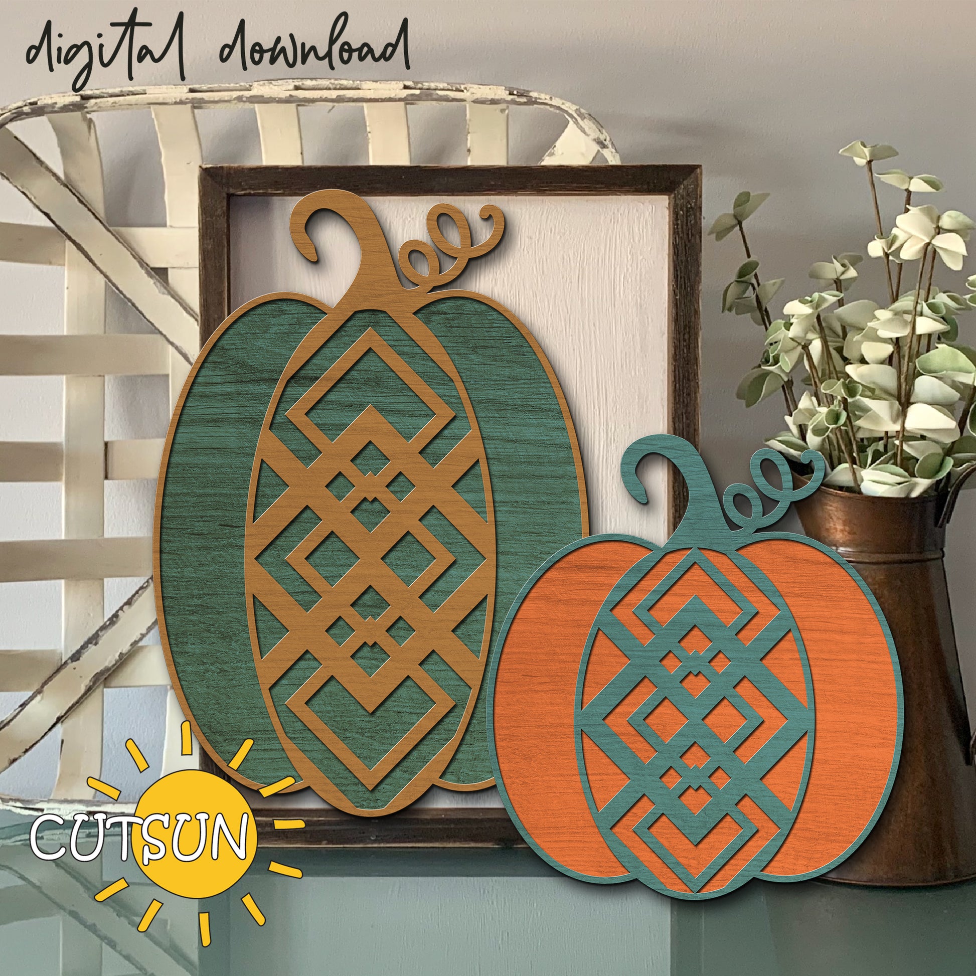 Two layered SVG files depicting pumpkins in shades of green and orange, designed for digital downloading.