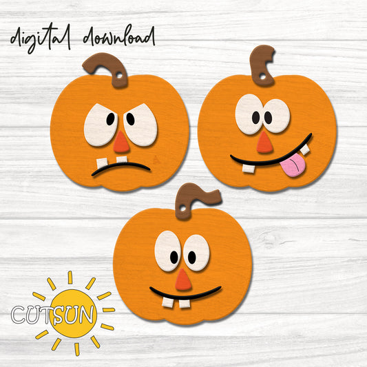 Three digital illustrations of cartoon-style pumpkins with various facial expressions, indicating a Halloween-themed ornament set.