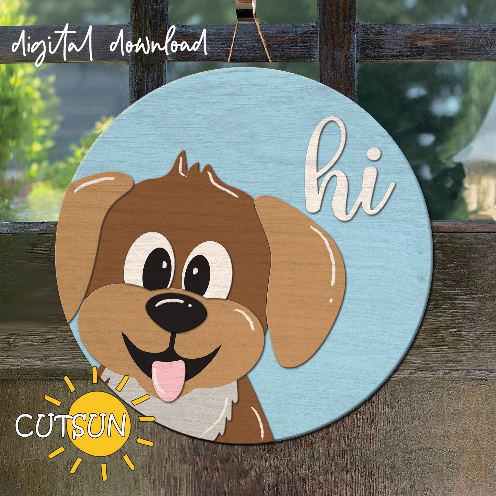 A digital download image featuring a cartoon-style brown and white puppy with the text 'HI' on a blue background, advertised for use with Cricut and other laser cut machines.
