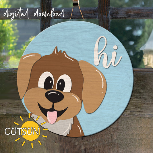 A digital download image featuring a cartoon-style brown and white puppy with the text 'HI' on a blue background, advertised for use with Cricut and other laser cut machines.