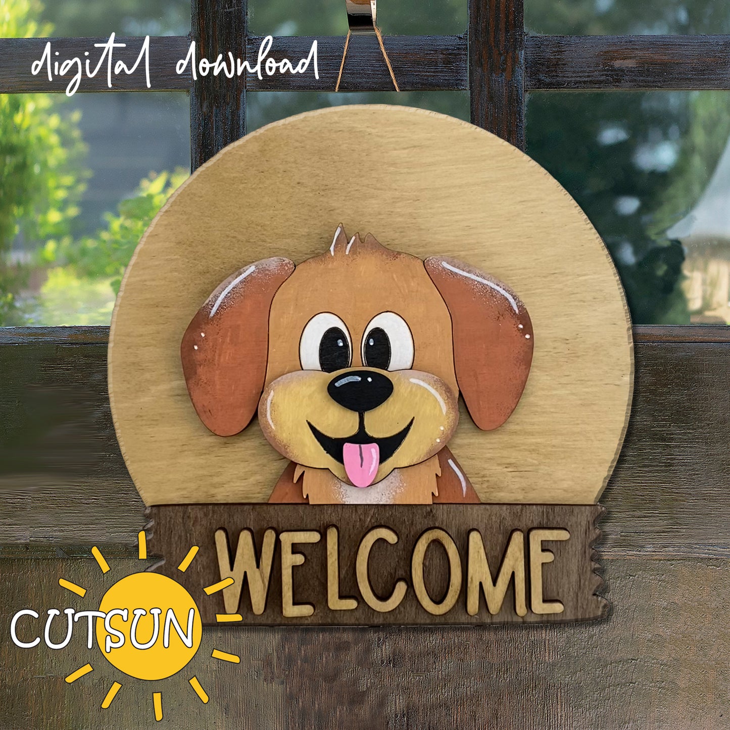 A digital image showing a round wooden door hanger with a cut-out silhouette of a puppy's head in the center, with the text 'Welcome' below it. The background is out of focus, and there is a 'Digital Download' label at the top.