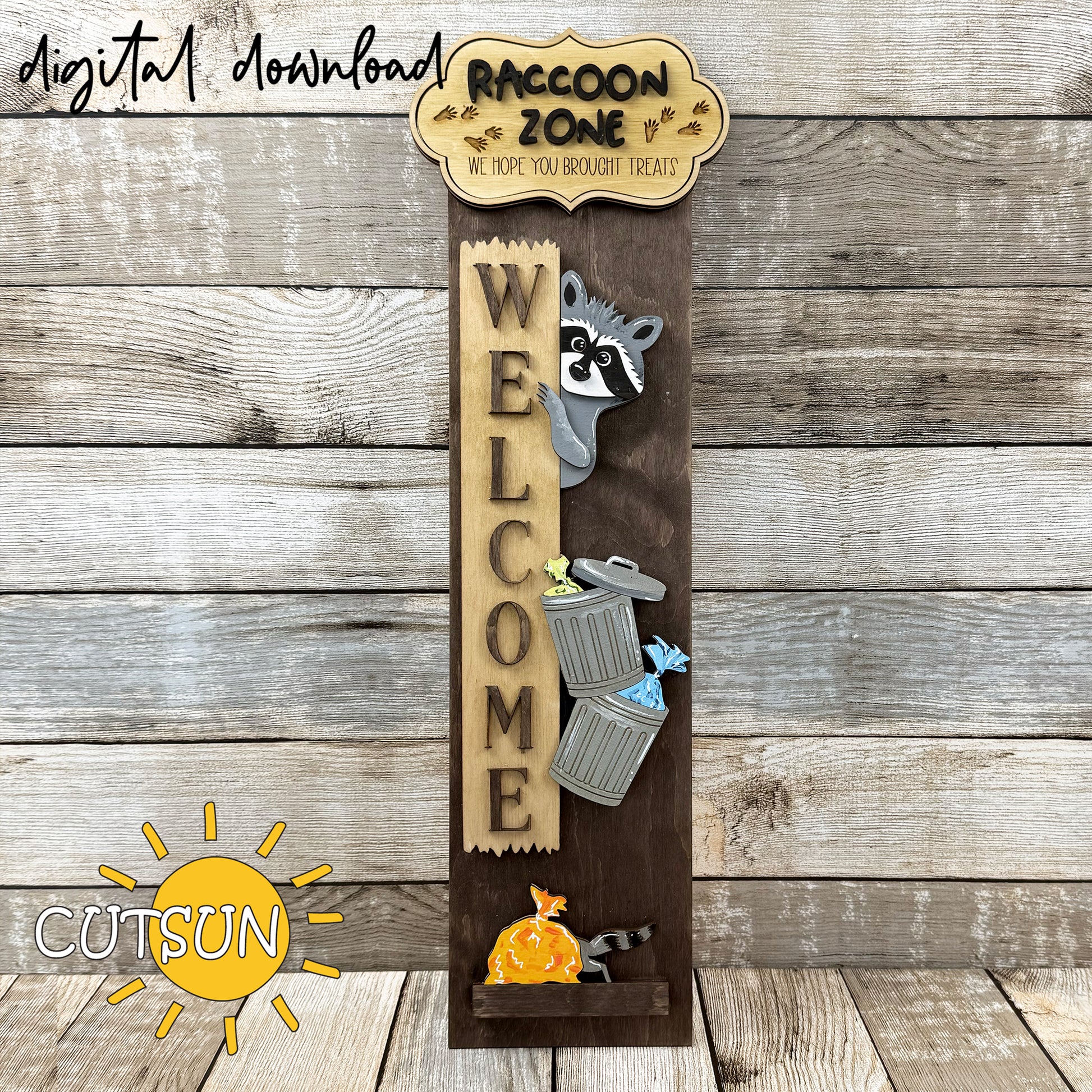 Laser cut Raccoon Zone vertical porch sign with peeking raccoon and trash cans – interchangeable SVG design for laser cutting