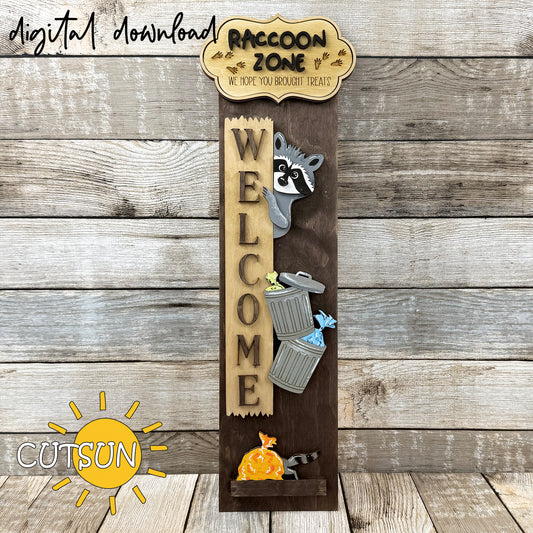 Laser cut Raccoon Zone vertical porch sign with peeking raccoon and trash cans – interchangeable SVG design for laser cutting