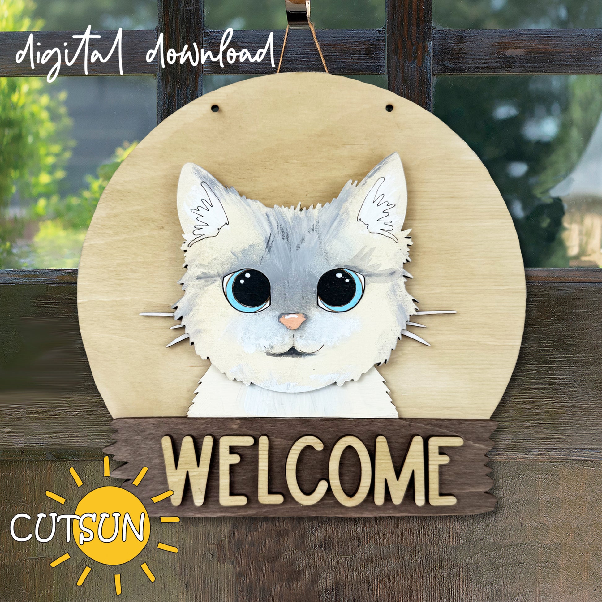 A digital image showing a wooden door hanger with a cat design and the word 'Welcome' printed on it, indicating a digital download for the file.