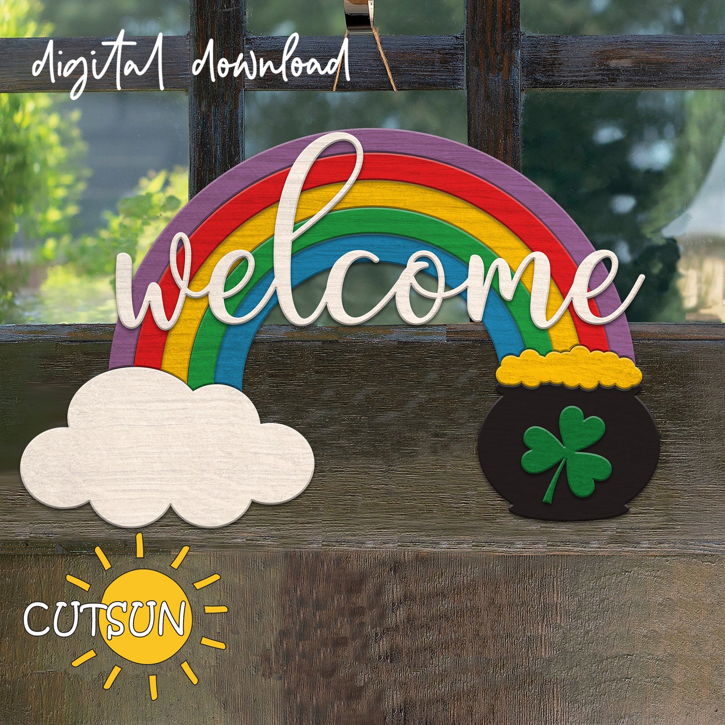 St. Patrick’s Day Rainbow Sign SVG | Welcome Door Hanger Laser Cut File | Glowforge Rainbow SVG for Holiday Decor