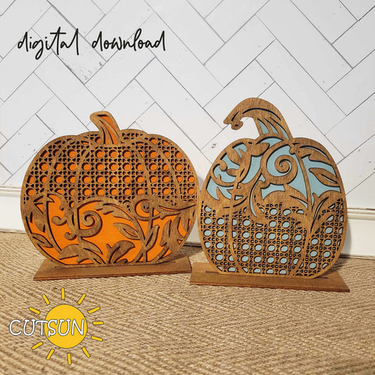 Two patterned vintage rattan cane pumpkins in fall colors, one with a geometric pattern and the other with a floral pattern, placed against a white tiled background with 'Digital Download' text.
