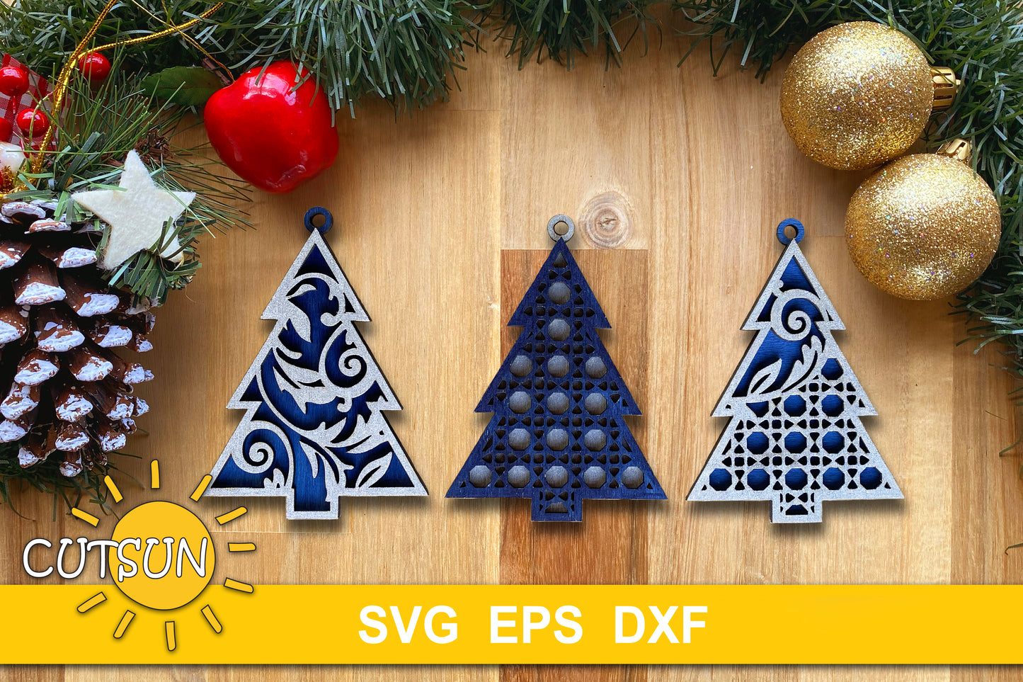 Christmas Tree Ornament SVG Bundle | Rattan Cane Christmas Tree Ornaments | Farmhouse Christmas Laser Cut File