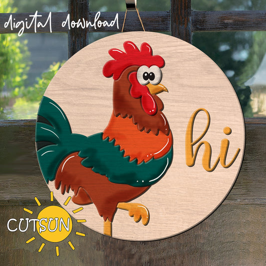 Wooden plaque with a cartoon rooster and 'hi' text on a wooden background