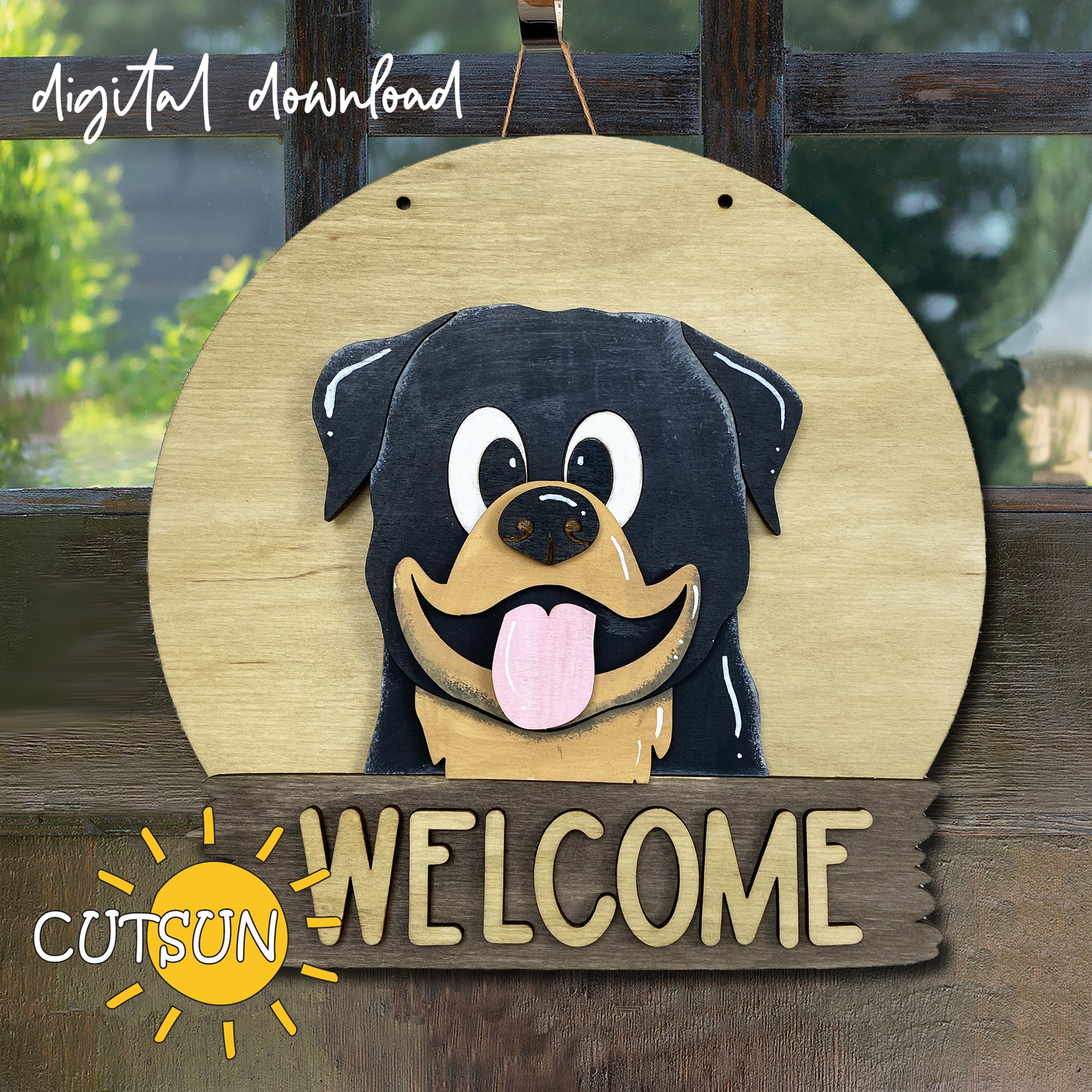 A digital image showing a round wooden door hanger with a cartoon-style Rottweiler dog in the center and the word 'WELCOME' at the bottom. The background is outlined with a shadow effect, indicating a wooden texture.