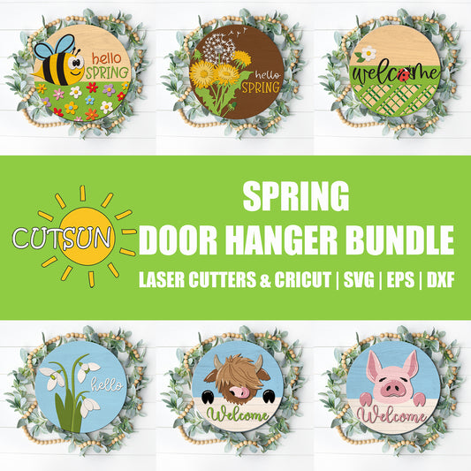 Spring-themed door hanger bundle with various designs on a white background, featuring the brand 'CUTSUN'.