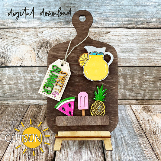 Digital download for a shelf sitter featuring a faux cutting board and a Sweet summer add-on: a jug of lemonade, a watermelon slice, popsicle and a pineapple plus a tag with the text Sweet summer
