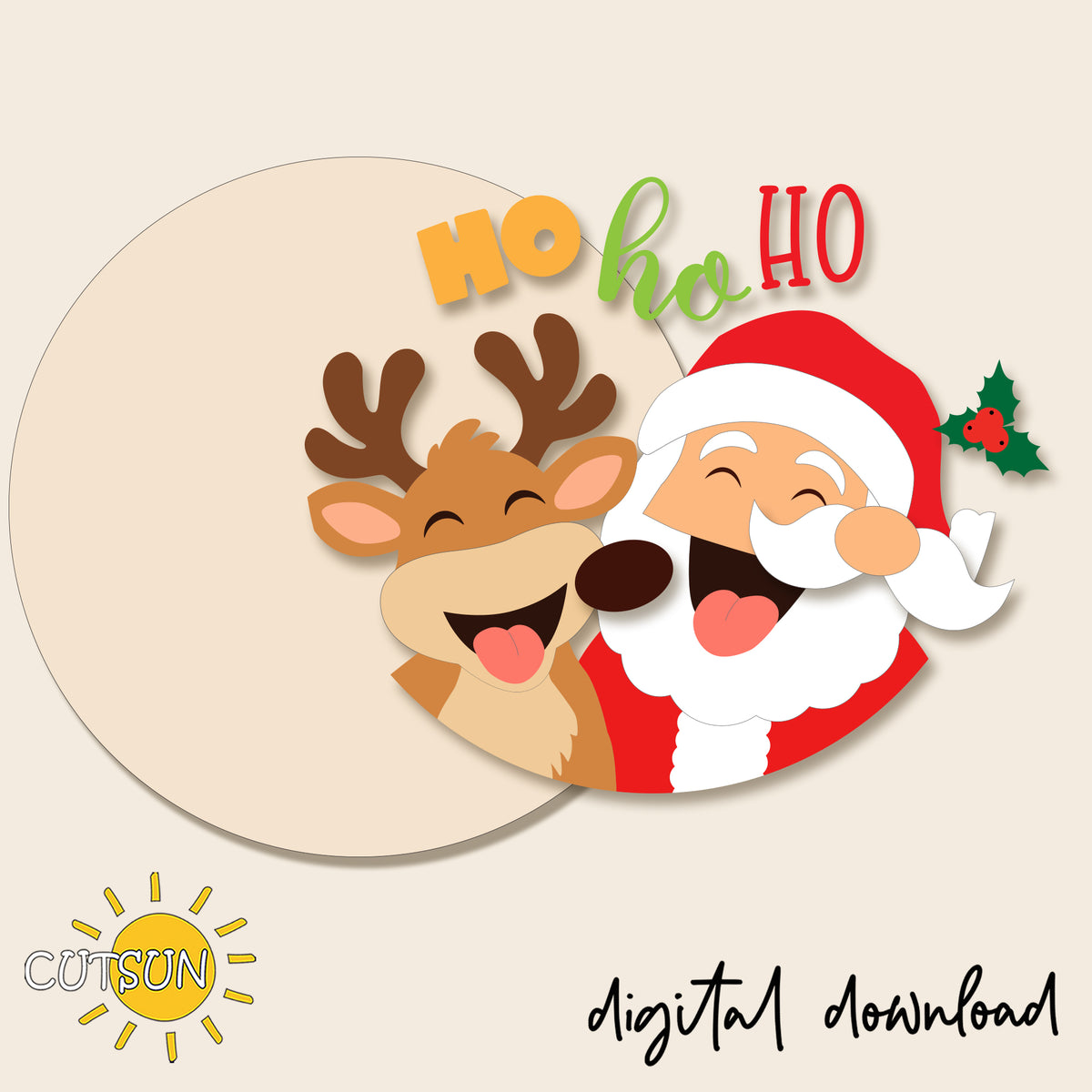 Santa & Reindeer Ho Ho Ho Christmas Door Hanger SVG – Laser Cut File, Cricut SVG