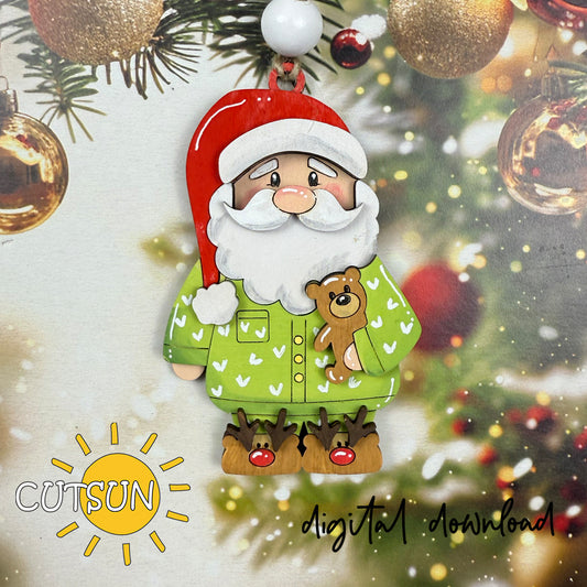 Santa in Pajamas Ornament SVG – Cute Christmas Laser Cut File with Teddy Bear