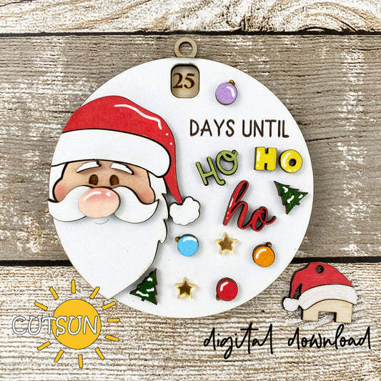 A digital illustration of a circular Christmas ornament with Santa Claus and a 'Days until Ho Ho Ho' message, along with decorative elements like stars and Christmas trees.