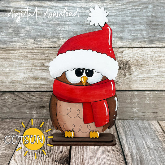 Layered Santa Owl Shelf Sitter SVG with Santa hat and scarf, Christmas laser cut file