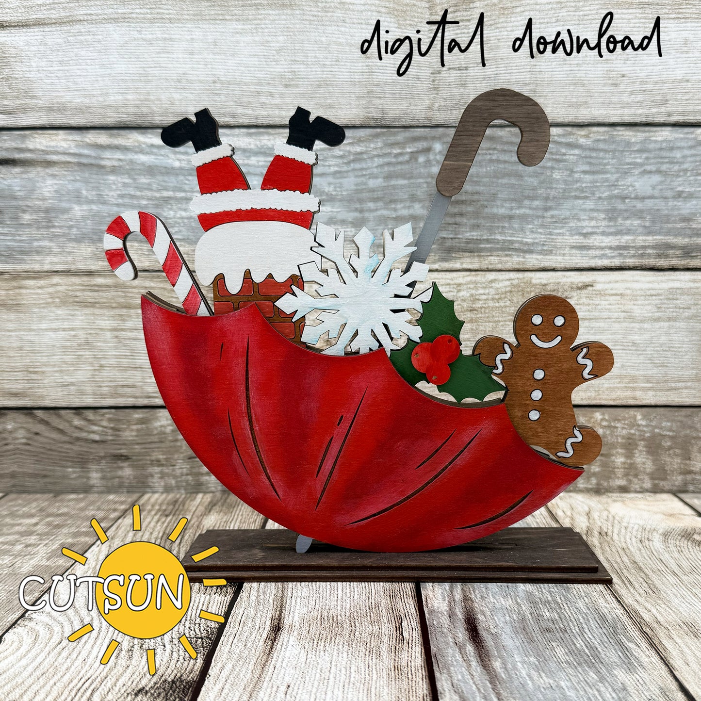Christmas umbrella add-on with Santa legs, gingerbread cookie, candy cane, and holly – festive laser cut SVG file for Glowforge or xTool.