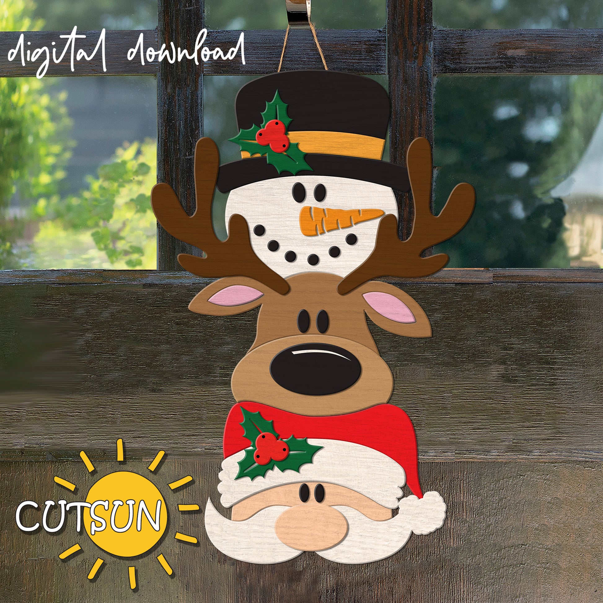 Decorative reindeer and snowman design with holly leaves on a wooden background, featuring the brand 'CUTSUN'.