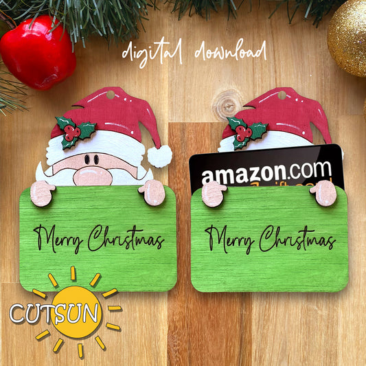 Two digital download card holders with 'Merry Christmas' and Santa Claus design, indicating the product is for cutting and assembling with a laser cutter.