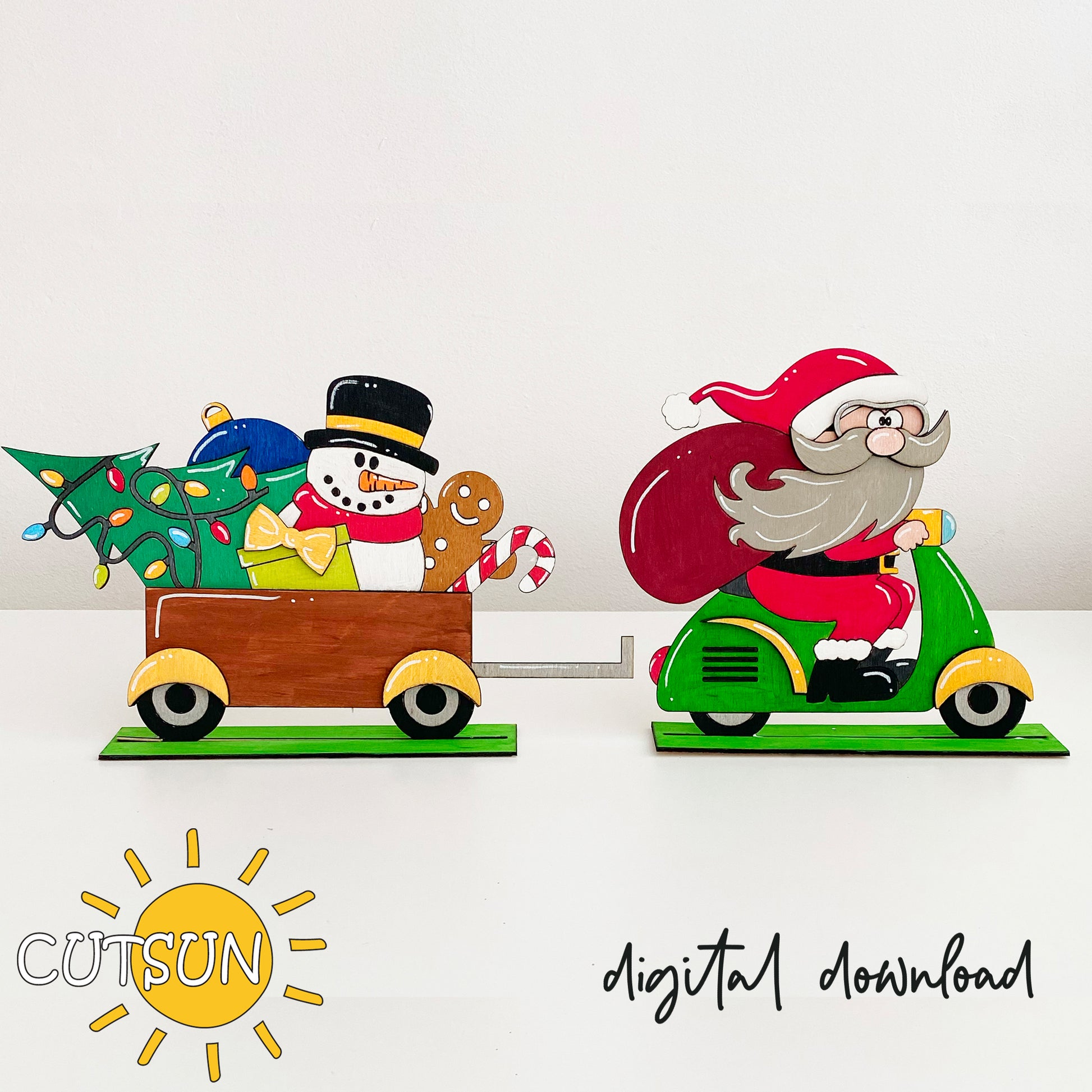 Digital download illustration of Santa Claus on a motorcycle with a festive wagon shelf sitter, in colors green, red, white, and yellow.