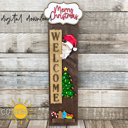 Merry Christmas porch sign SVG with Santa, tree (baubles/lights), candy cane, gingerbread, gift, and bauble – interchangeable laser cut file with leaner base.