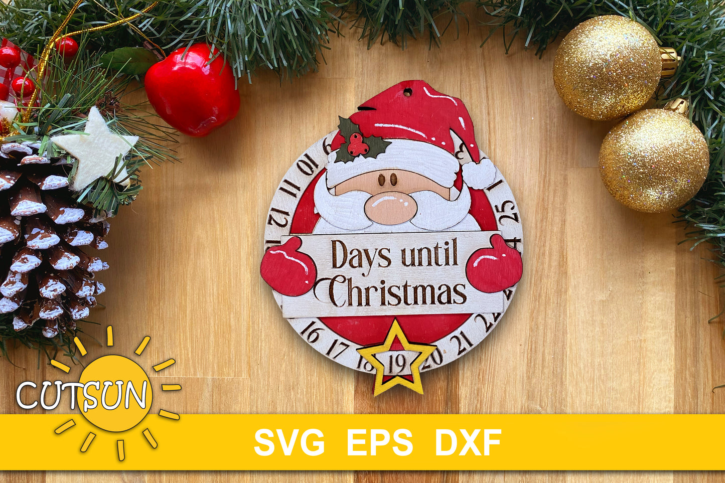 Santa Christmas countdown SVG file for laser cutters with a rotating outer wheel